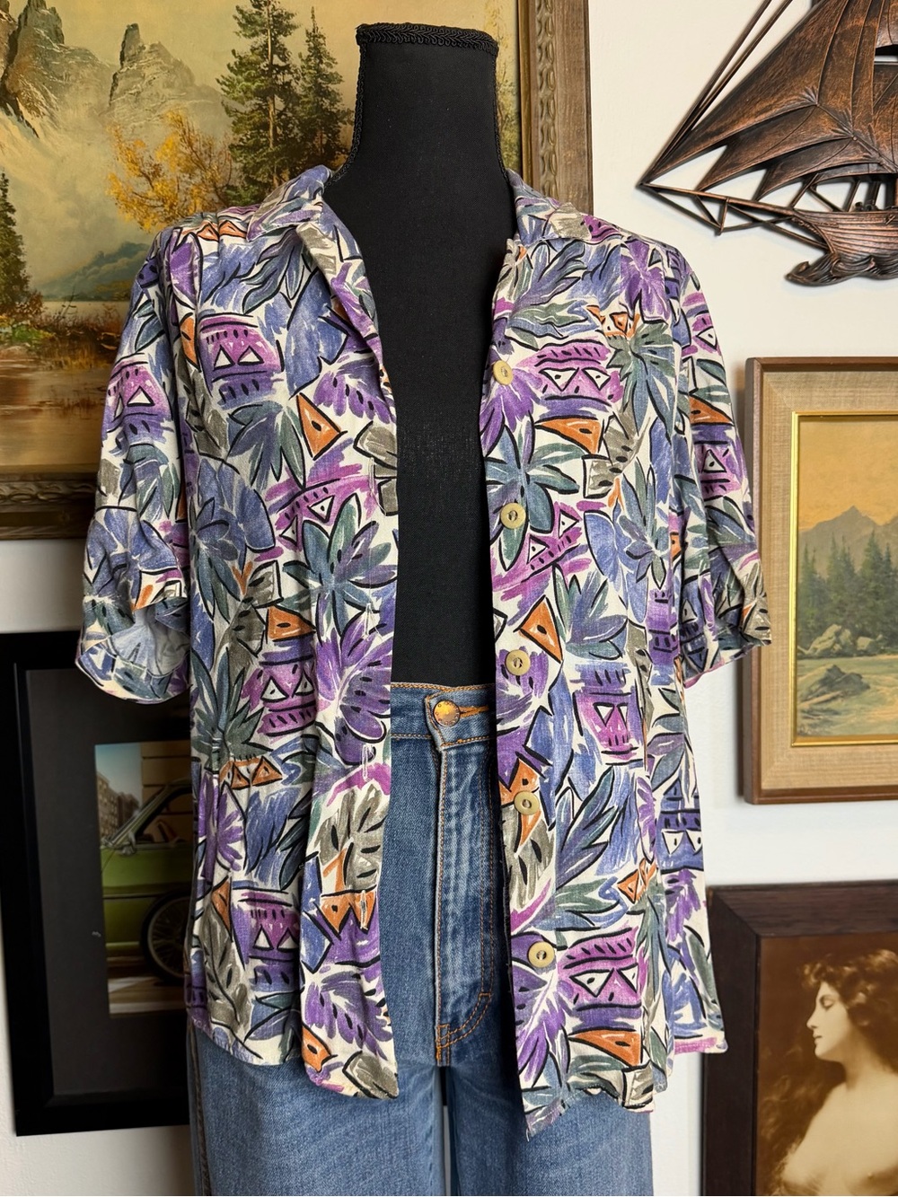 Vintage Abstract Tropical Print Button-Up Shirt Men's